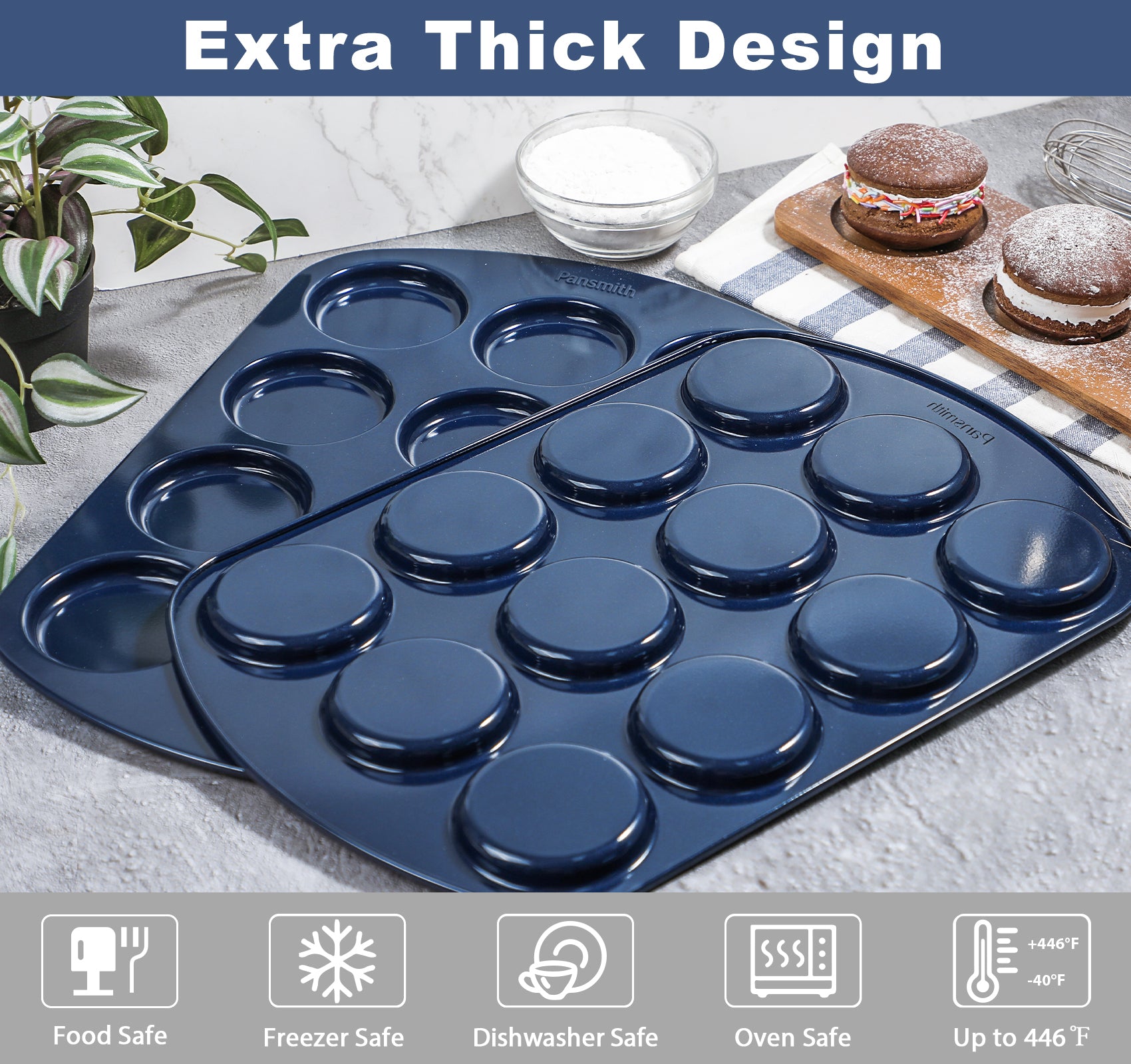 Pansmith Non-Stick Muffin Top Pan for Baking Egg Bites, Whoopie Pies, Cookies, Yorkshire Pudding, Heavy Gauge Carbon Steel Set of 2