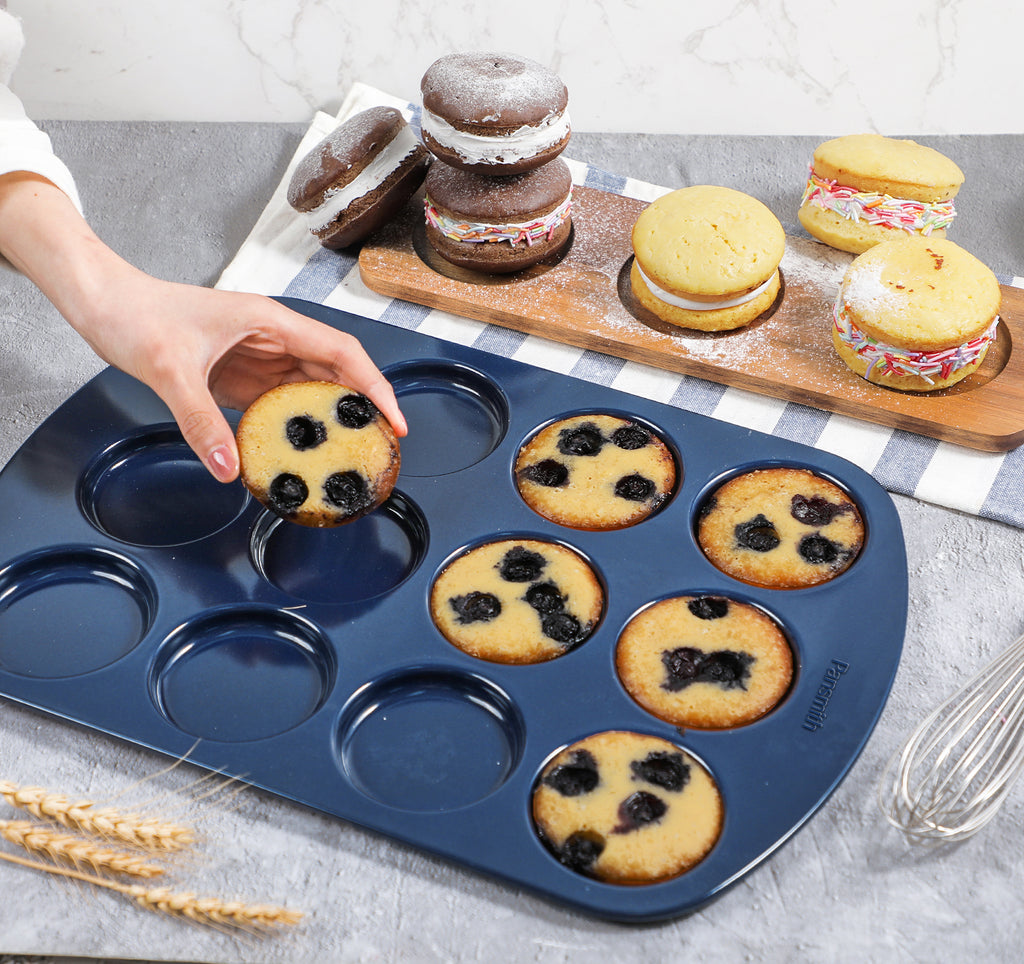 Pansmith Non-Stick Muffin Top Pan for Baking Egg Bites, Whoopie Pies, Cookies, Yorkshire Pudding, Heavy Gauge Carbon Steel Set of 2