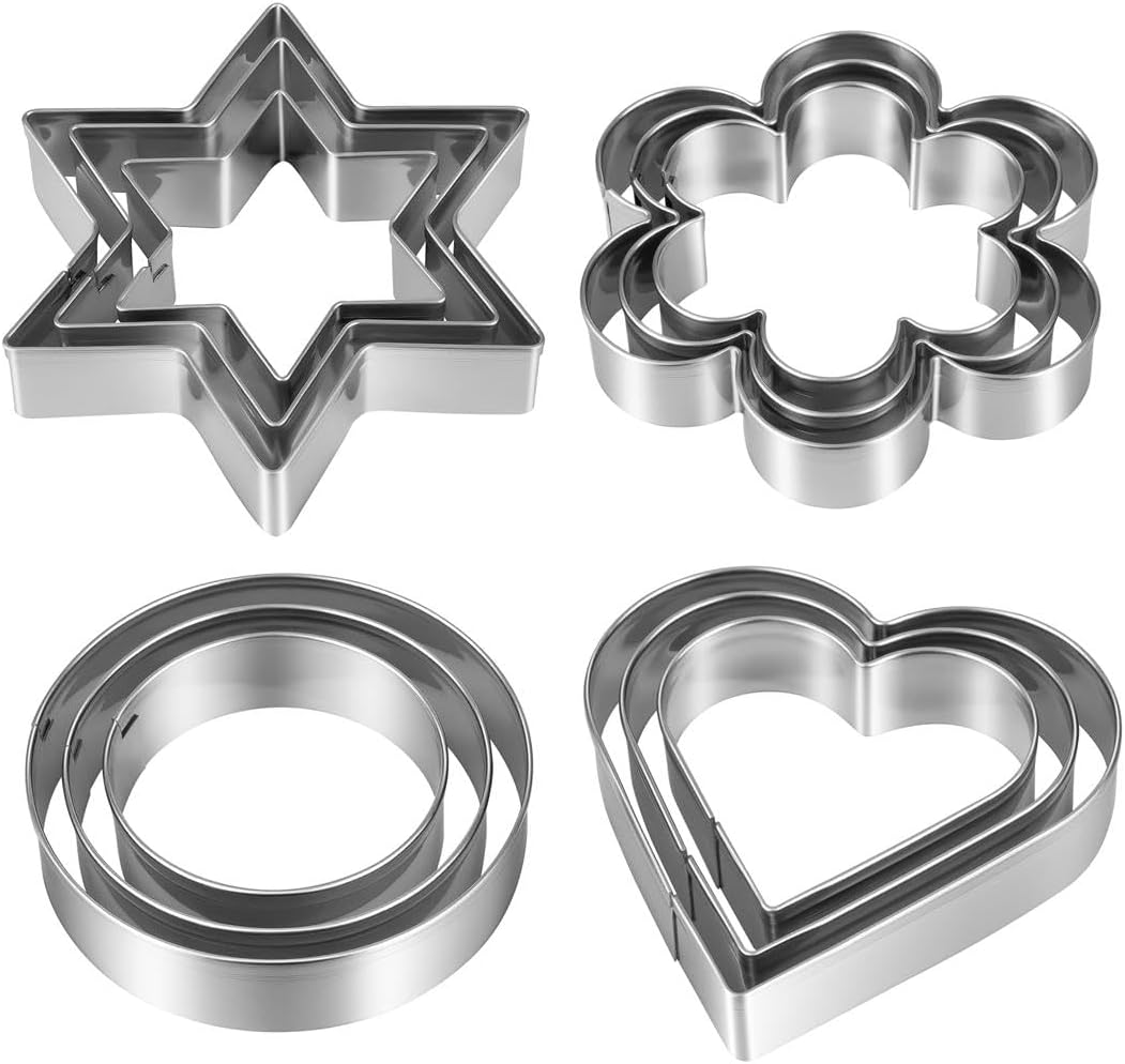 Pansmith Cookie Cutters Set 12 Pieces, Stainless Steel 3 Heart Cookie Cutters, 3 Star Cookie Cutters, 3 Flower Cookie Cutters, 3 Round Cookie Cutters for Valentine's Day Christmas Holiday