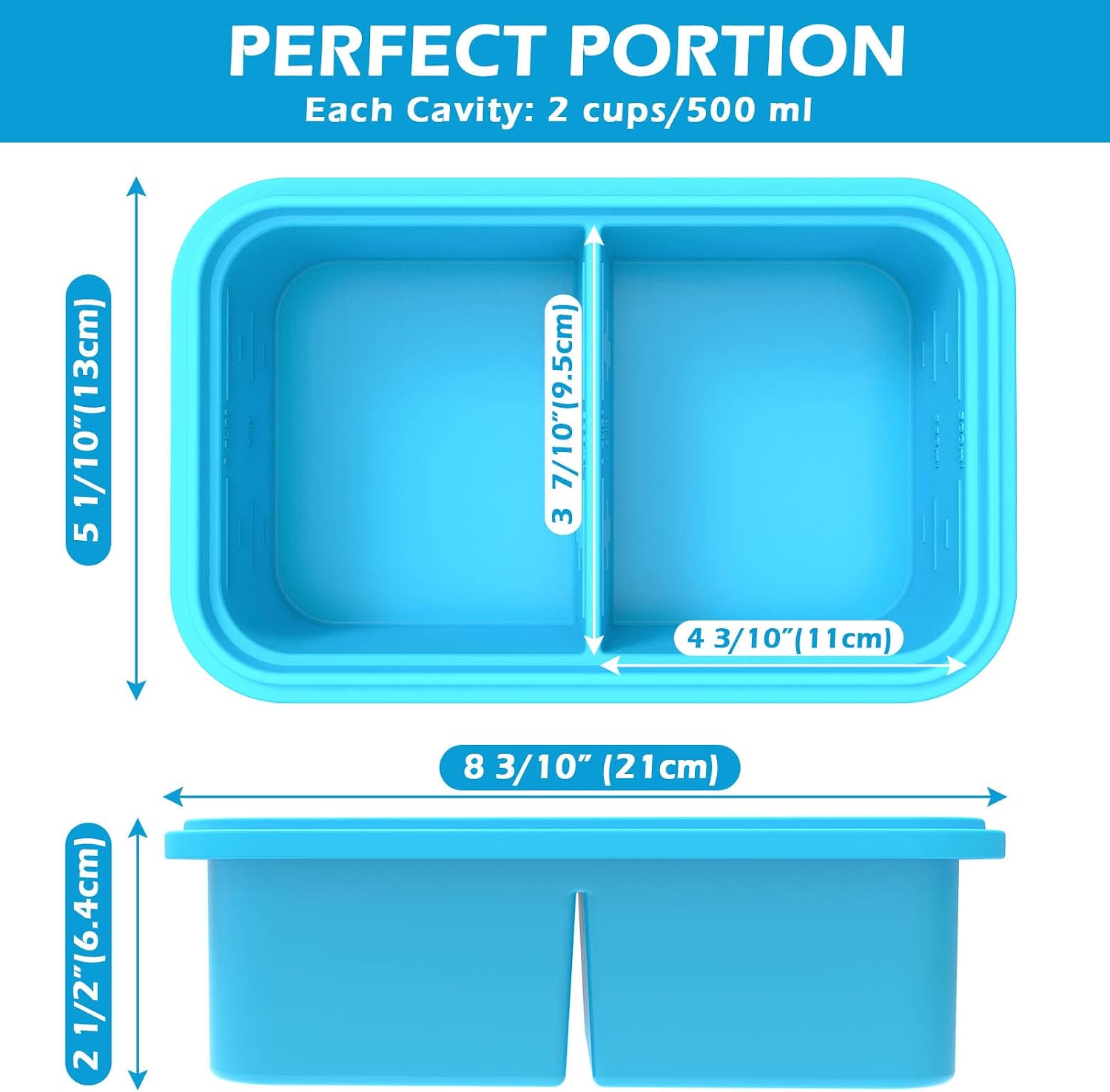 Pansmith Silicone Freezer Container with Lid, Food Storage Container, 2 Cup Tray for Soup Sauce Meal Prep, BPA Free - Blue