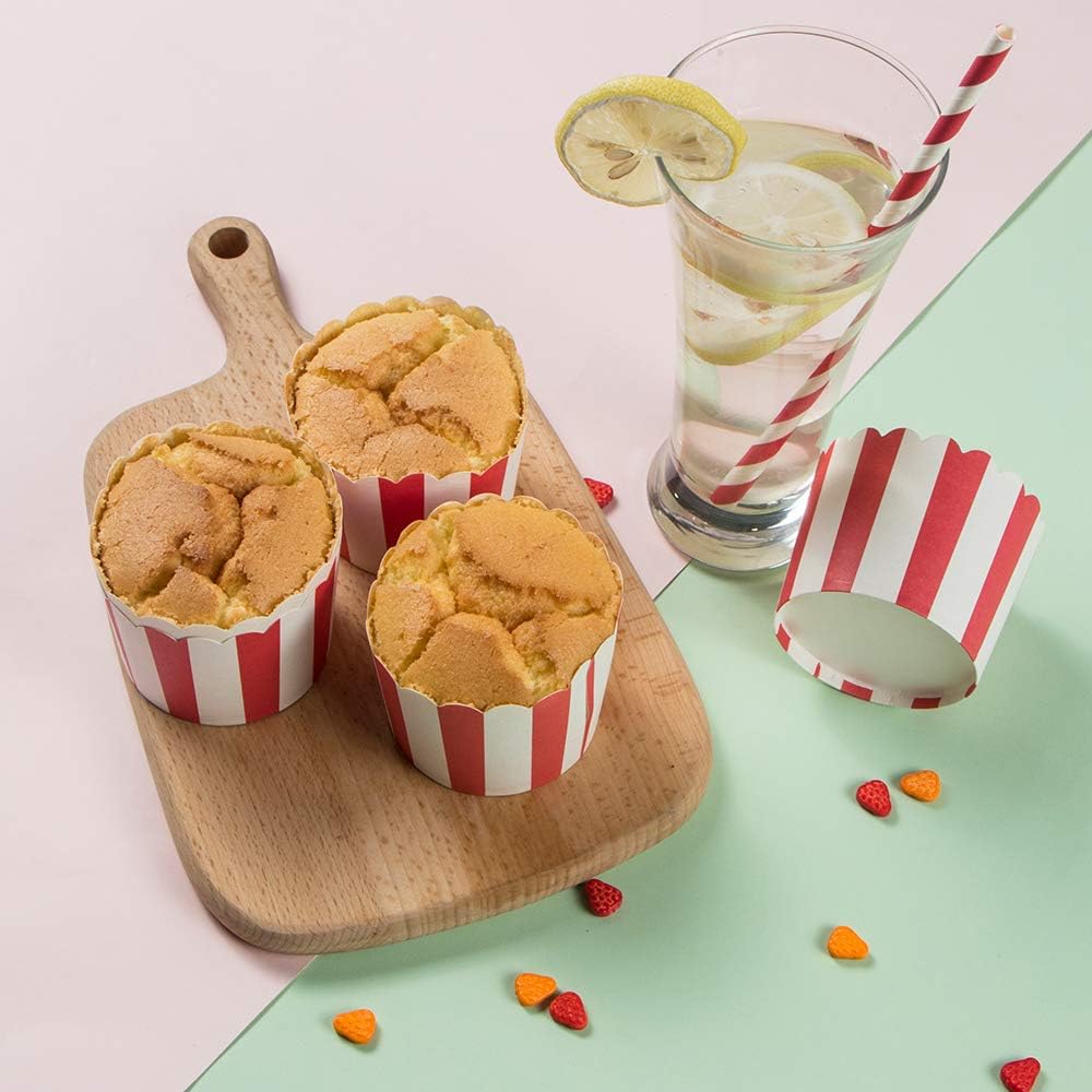 Pansmith 50pcs Full Size 6oz Paper Baking Cups Red Cupcake Liners Paper Snack Cups for Popcorn Cupcake Muffin Case Cupcake Bath Bomb, for Movie Party Decorations Set of 50 (Red Stripe)
