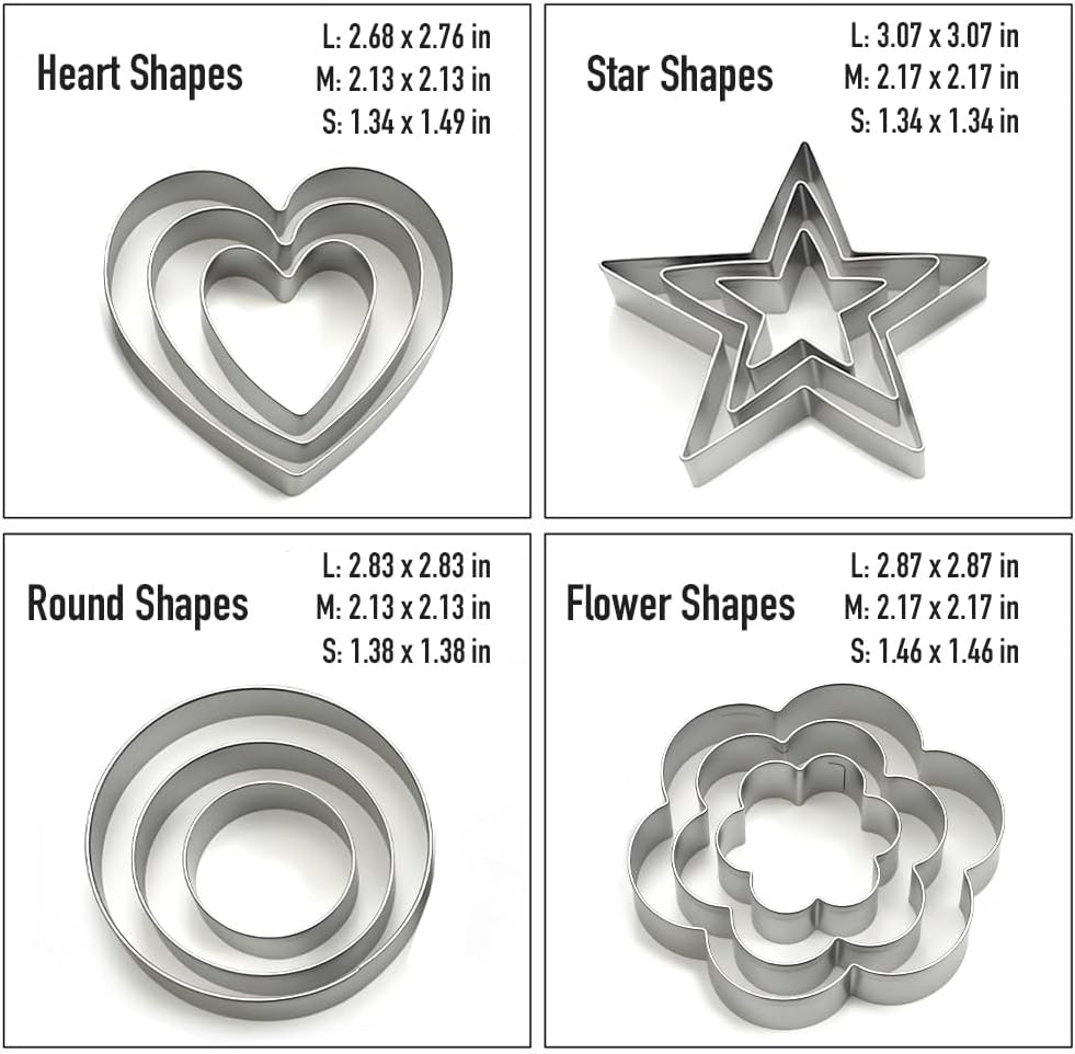 Pansmith Cookie Cutters Set 12 Pieces, Stainless Steel 3 Heart Cookie Cutters, 3 Star Cookie Cutters, 3 Flower Cookie Cutters, 3 Round Cookie Cutters for Valentine's Day Christmas Holiday