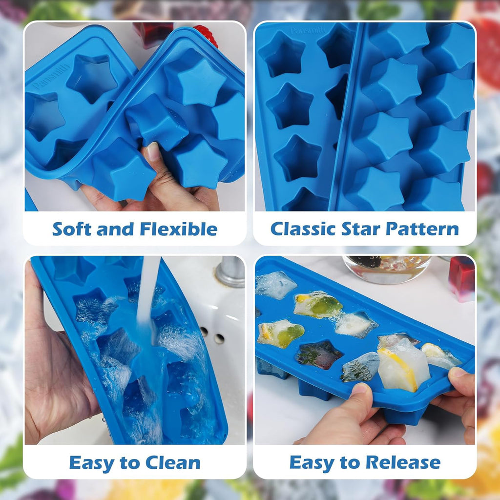 Pansmith Silicone Ice Cube Trays Star Shaped Ice Cube Molds for Whiskey and Cocktails, Easy Release Jelly Crayon Mold Pack of 3 Blue
