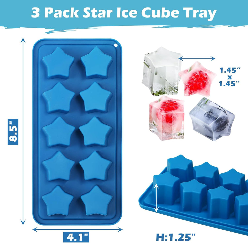 Pansmith Silicone Ice Cube Trays Star Shaped Ice Cube Molds for Whiskey and Cocktails, Easy Release Jelly Crayon Mold Pack of 3 Blue