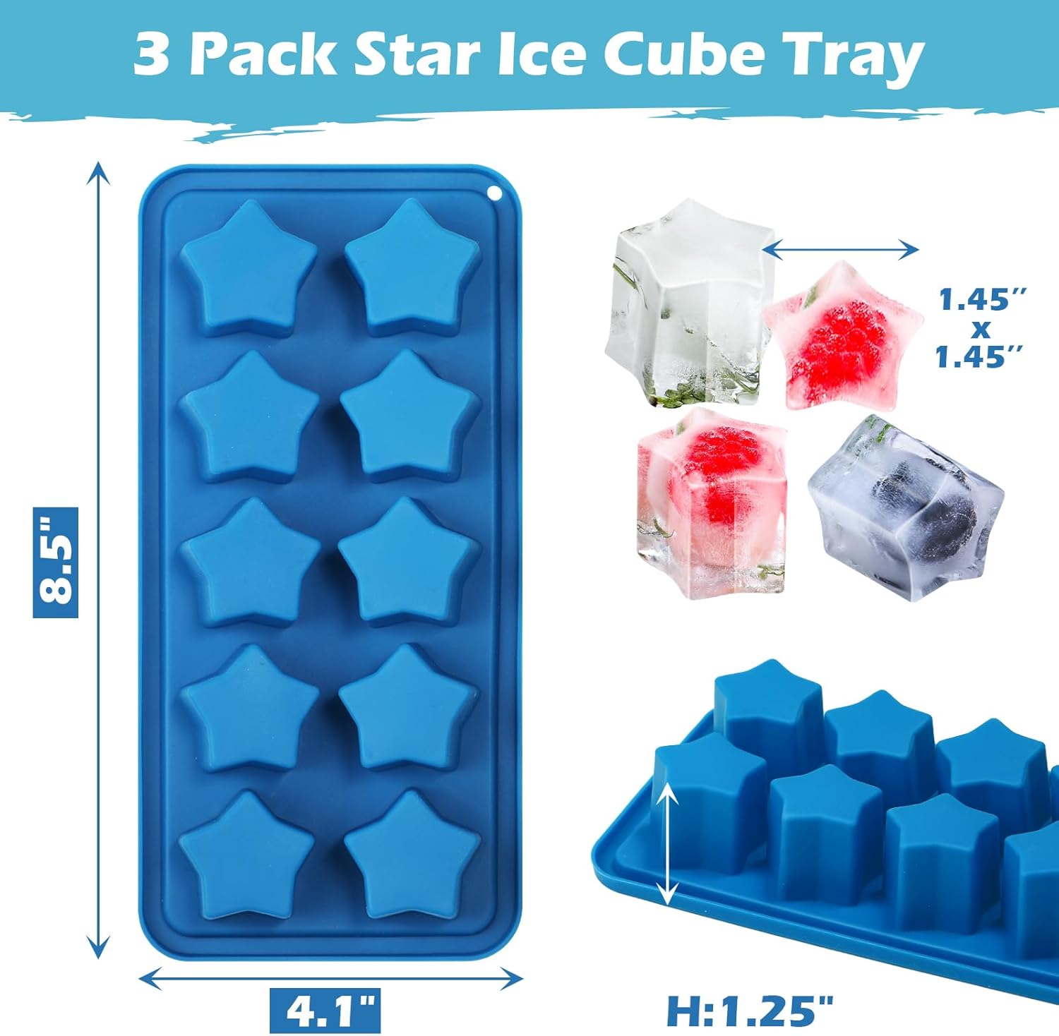 Pansmith Silicone Ice Cube Trays Star Shaped Ice Cube Molds for Whiskey and Cocktails, Easy Release Jelly Crayon Mold Pack of 3 Blue