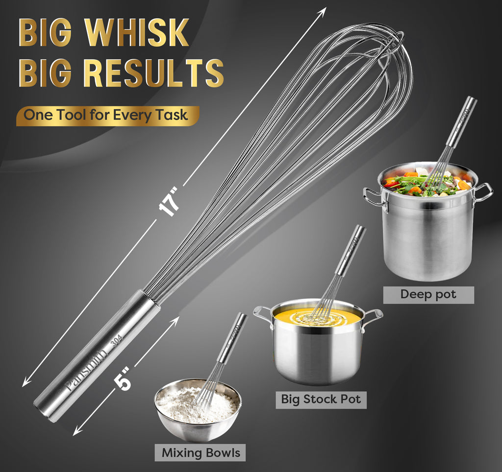 Pansmith Commercial Whisk Heavy Duty 17in Large Whisk, 304 Stainless Steel Whisks for Mixing, Beating, Blending, Professional Kitchen Tools