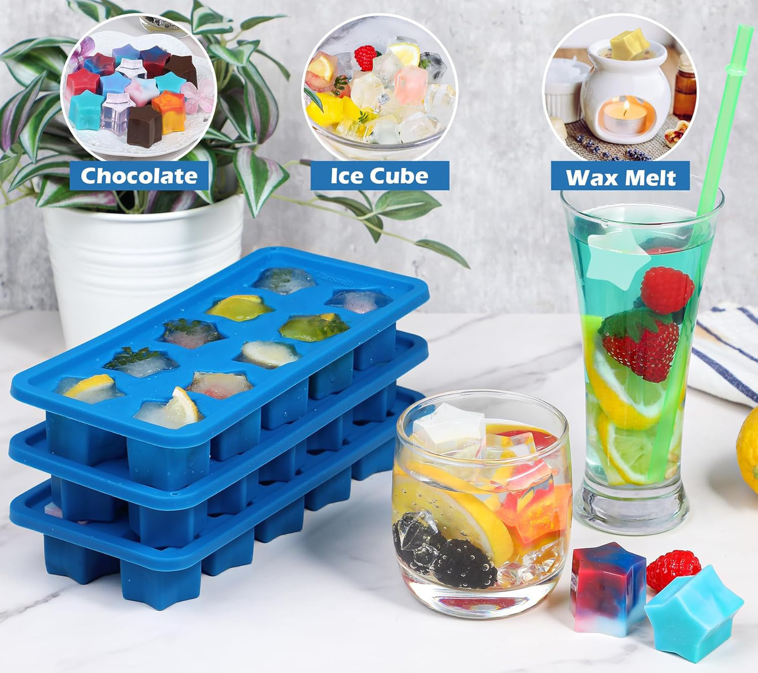 Pansmith Silicone Ice Cube Trays Star Shaped Ice Cube Molds for Whiskey and Cocktails, Easy Release Jelly Crayon Mold Pack of 3 Blue